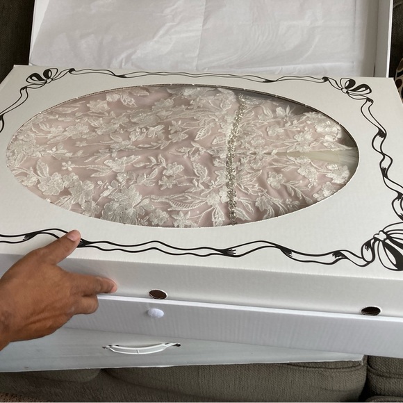 Champagne rose color lace wedding gown worn once. Size 10/12. Lace white veil - Picture 8 of 11